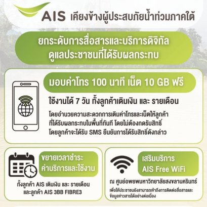 "เอไอเอส"เคียงข้างผู้ประสบภัยน้ำท่วมภาคใต้ ยกระดับการสื่อสารดูแลประชาชนมอบค่าโทร-เน็ตฟรี 