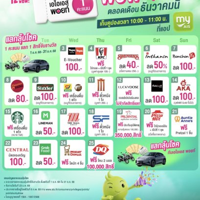 AIS มอบสุขสุดว้าว!ส่งท้ายปี ใช้เอไอเอส พอยท์ 1 คะแนนแลกรับฟรี!คูปองกว่า20แบรนด์ดัง 