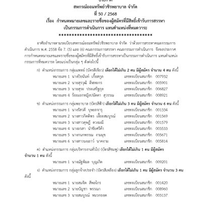 ประกาศที่ 50/2568 เรื่อง กำหนดหมายเลขและรายชื่อของผู้สมัครที่มีสิทธิ์เข้ารับการสรรหาเป็นกรรมการดำเนินการ แทนตำแหน่งที่หมดวาระ