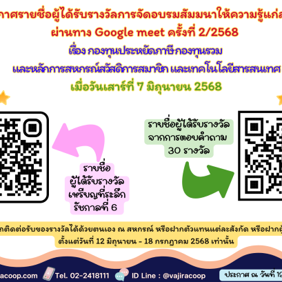 ประกาศรายชื่อผู้ได้รับรางวัลการอบรมสัมมนาให้ความรู้สมาชิกสมาชิกครั้งที่ 2/2568