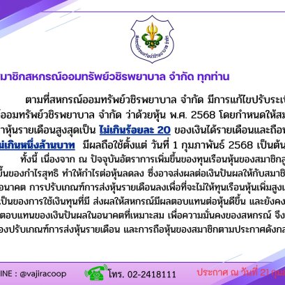 การปรับเกณฑ์การส่งค่าหุ้นรายเดือน อ้างอิงจากระเบียบสหกรณ์ฯ ว่าด้วยหุ้น พ.ศ. 2568