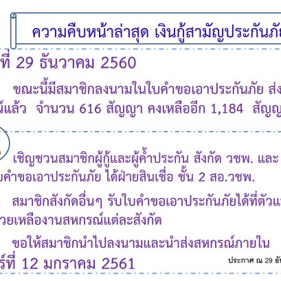 ความคืบหน้าเงินกู้สามัญประกันภัย ณ วันที่ 29 ธันวาคม 2560