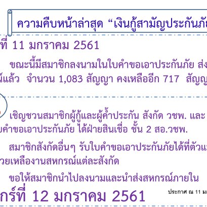 ความคืบหน้าเงินกู้สามัญประกันภัย ณ วันที่ 11 มกราคม 2560