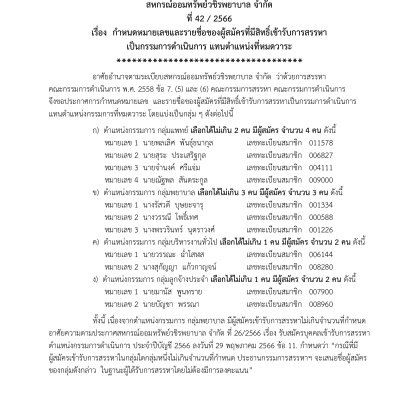 กำหนดหมายเลขและรายชื่อของผู้สมัครที่มีสิทธิ์เข้ารับการสรรหา เป็นกรรมการดำเนินการ แทนตำแหน่งที่หมดวาระ