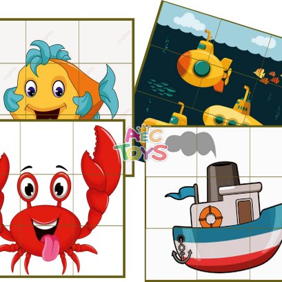 เกมภาพจิ๊กซอว ไม้ ต่อภาพสัตว์นํ้าและยานพาหนะ 4 แบบ 36 ชิ้น (ขนาดต่อชิ้น 4.5x4.5 ซม. หนา 10 มม.)