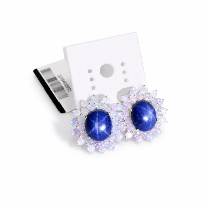 Tanusorn Natural Star Sapphire 20.44 carat 10.85x12.8 mm. Earrings Adorned with Opal in Genuine Sterling Silver Setting
