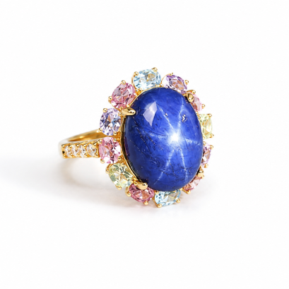 "Tanusorn Natural Star Sapphire 16.90 carat Ring Adorned with Tourmaline Gemstone"