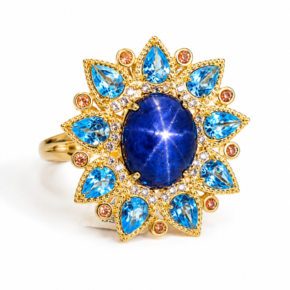 "Tanusorn Natural Star Sapphire 22 carat Ring Adorned with Blue Topaz Gemstone"