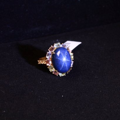 &quot;Tanusorn Natural Star Sapphire 16.90 carat Ring Adorned with Tourmaline Gemstone&quot;