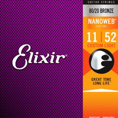 Elixir Acoustic Guitar Strings 8020 Bronze Nanoweb Coating Custom Light 11-52