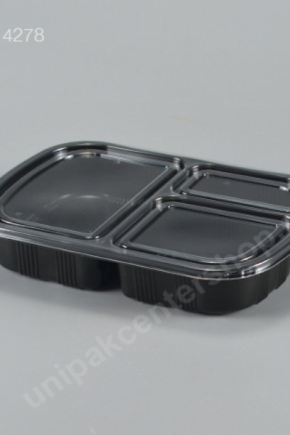 กล่องอาหาร 3 ช่อง PP ดำ  820 ml + ฝา PET ใส