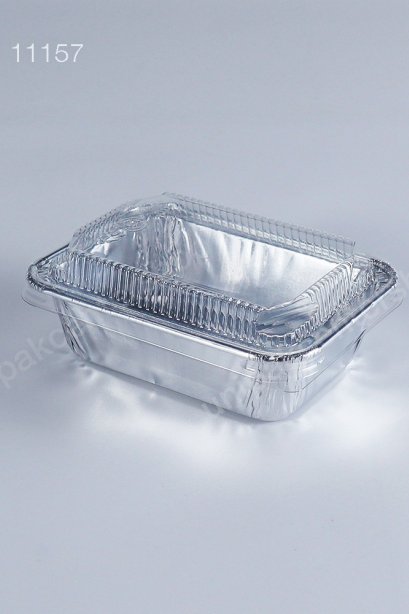 ถาดฟอยล์เหลี่ยม (NO.4615-T) สีเงิน SILVER 140 ml + ฝา PET ใส + ช้อนพลาสติกใส