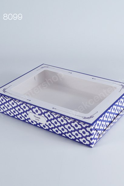 กล่องกระดาษเค้กโบราณทรงเหลี่ยมผืนผ้าพิมพ์ลายคราม Size 20x28x5.5 cm เจาะหน้าต่าง