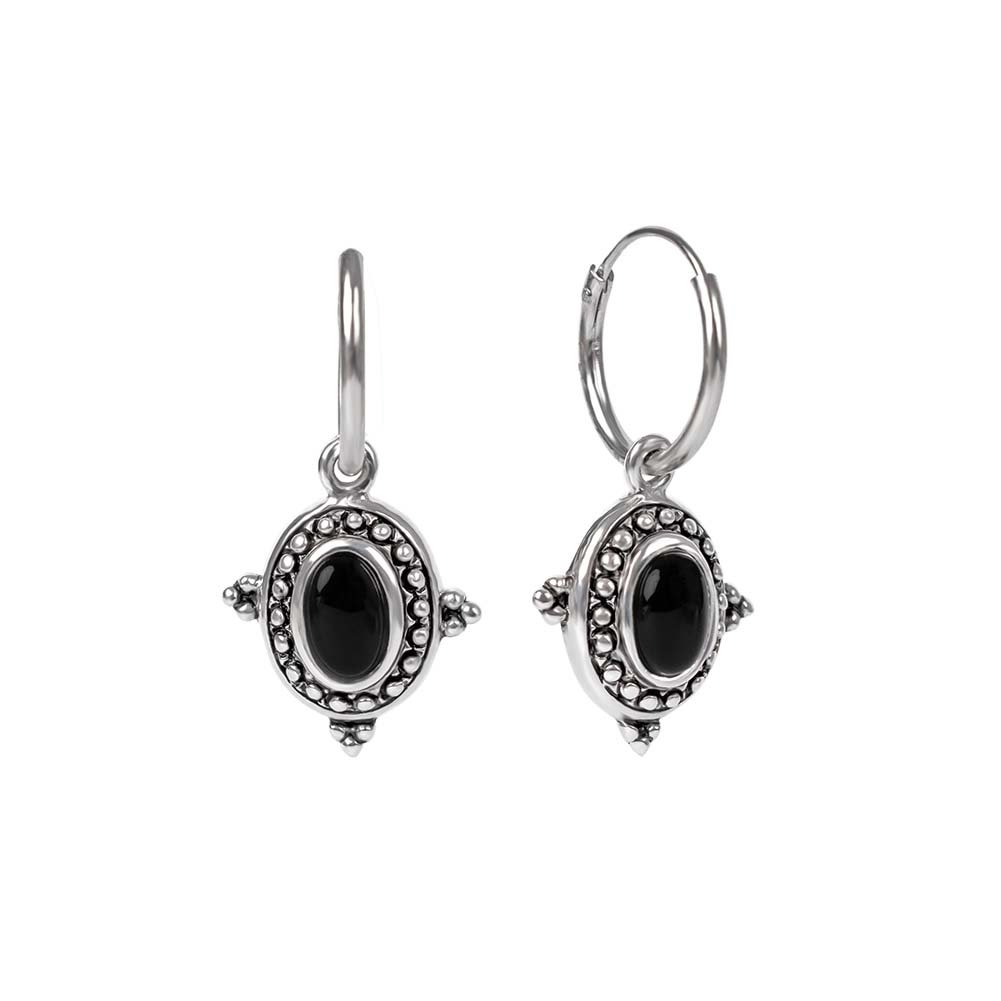 Black Onyx Sterling Silver Hoop Earrings nksilver