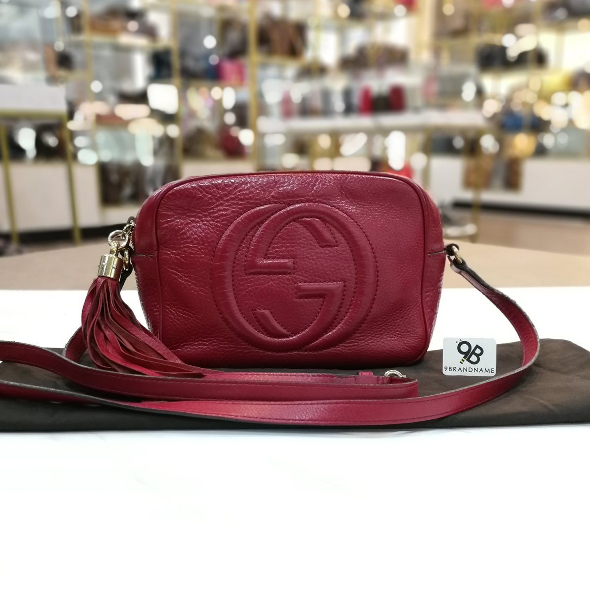 Used Gucci Soho Disco Bag Calf Red GHW Tassel Top Zip 9brandname