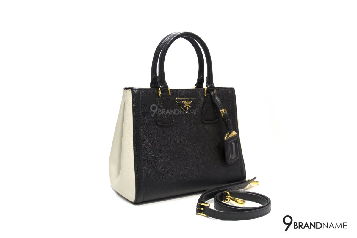Prada Saffiano Lux Bicolor Double Zip Tote Bag Black white size 33 9brandname