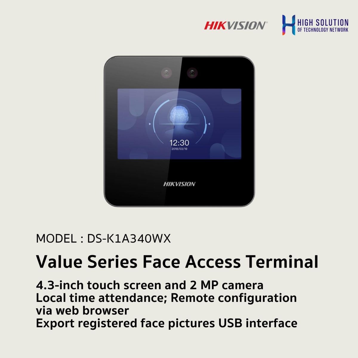 Hikvision DS-K1A340WX-2 Biometric Facial Recognition for 1500Users 4.3in