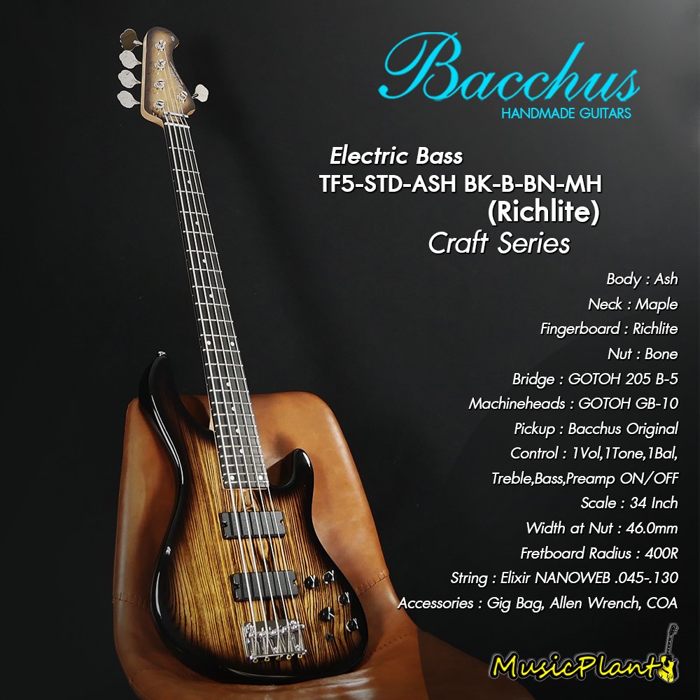 Bacchus เบสไฟฟ้า รุ่น TF5-STD-ASH BK-B-BN-MH (Richlite) - musicplant