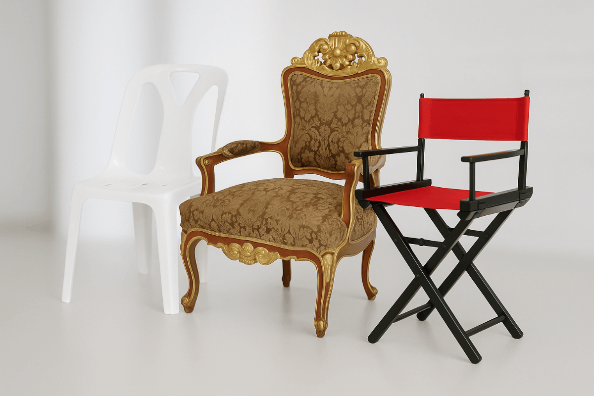 เก้าอี้พลาสติกสีขาว เก้าอี้หลุยส์สุดหรู และเก้าอี้ผู้กำกับสีแดงสำหรับเช่าอีเวนต์