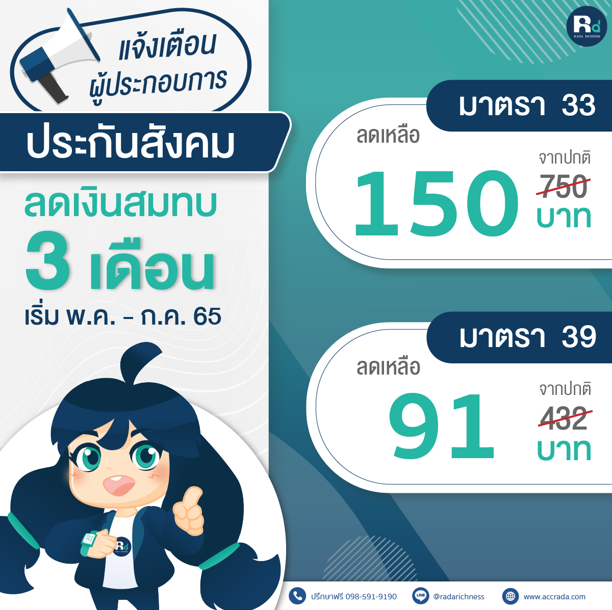 แจ้งเตือนผู้ประกอบการ ประกันสังคมปรับลดเงินสมทบ 3 เดือน " เริ่มตั้งแต่ พ.ค.- ก.ค. 2565 " แจ้งเตือนผู้ประกอบการ ประกันสังคมปรับลดเงินสมทบ 3 เดือน " เริ่มตั้งแต่ พ.ค.- ก.ค. 2565 "