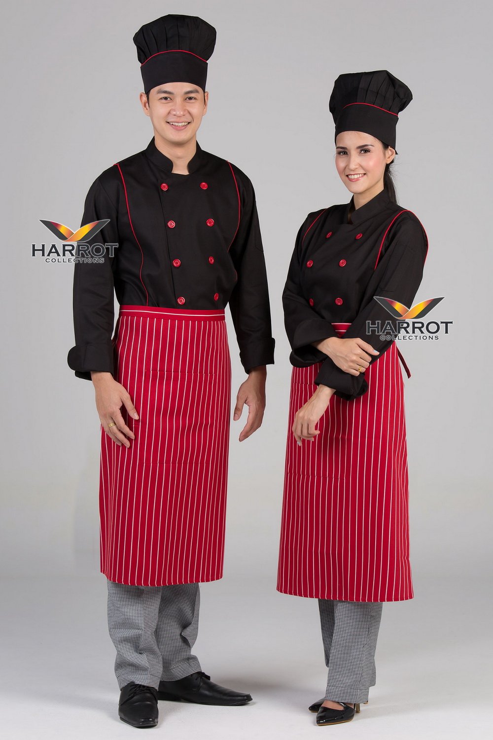 เสื้อกุ๊ก เสื้อเชฟ ชุดเชฟ เสื้อพ่อครัว แขนยาว สีดำ กุ๊นแดง 2 เส้น (FSS0307)