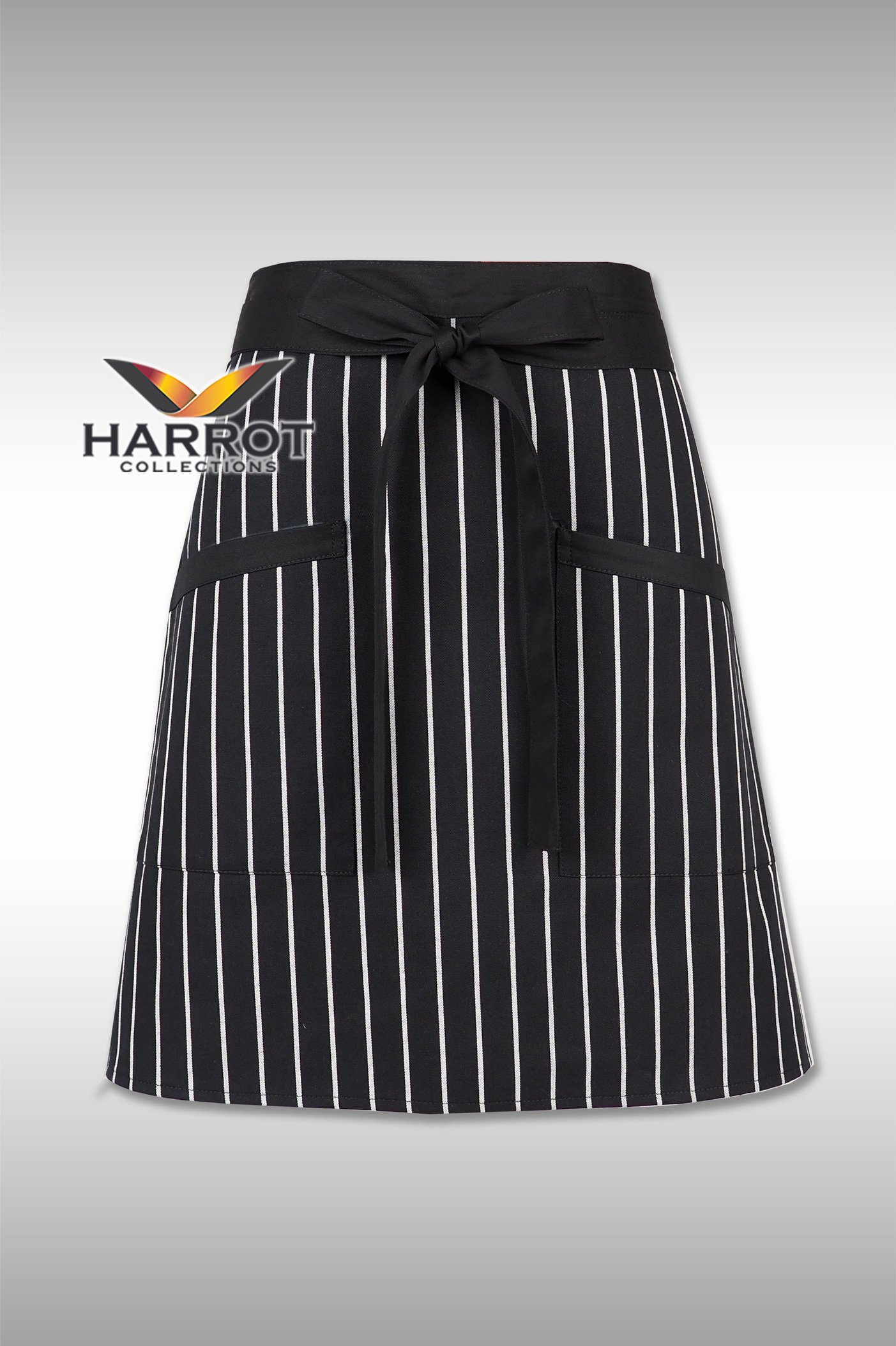 Black-Chalk Stripe Half Short Apron (Black Long Tie)