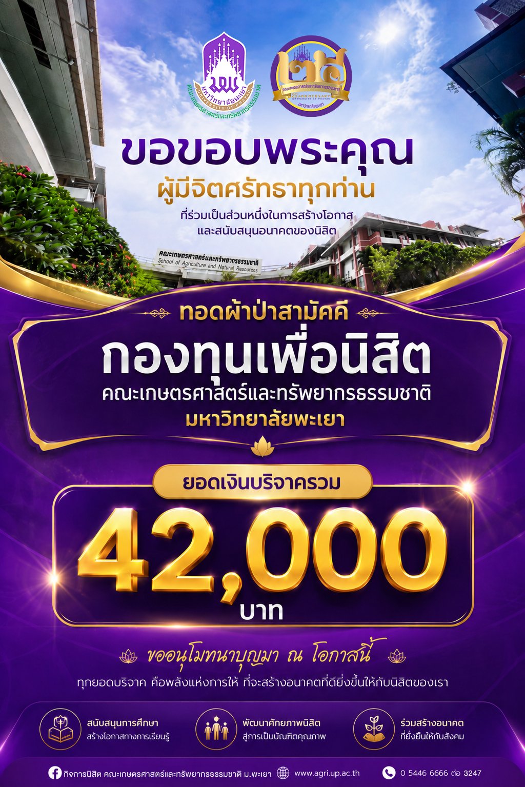 ขอขอบพระคุณผู้บริจาคและผู้มีจิตศรัทธาทุกท่าน ที่ร่วมเป็นส่วนหนึ่งในการสนับสนุน ทอดผ้าป่าสามัคคี กองทุนเพื่อนิสิตคณะเกษตรศาสตร์และทรัพยากรธรรมชาติ มหาวิทยาลัยพะเยา