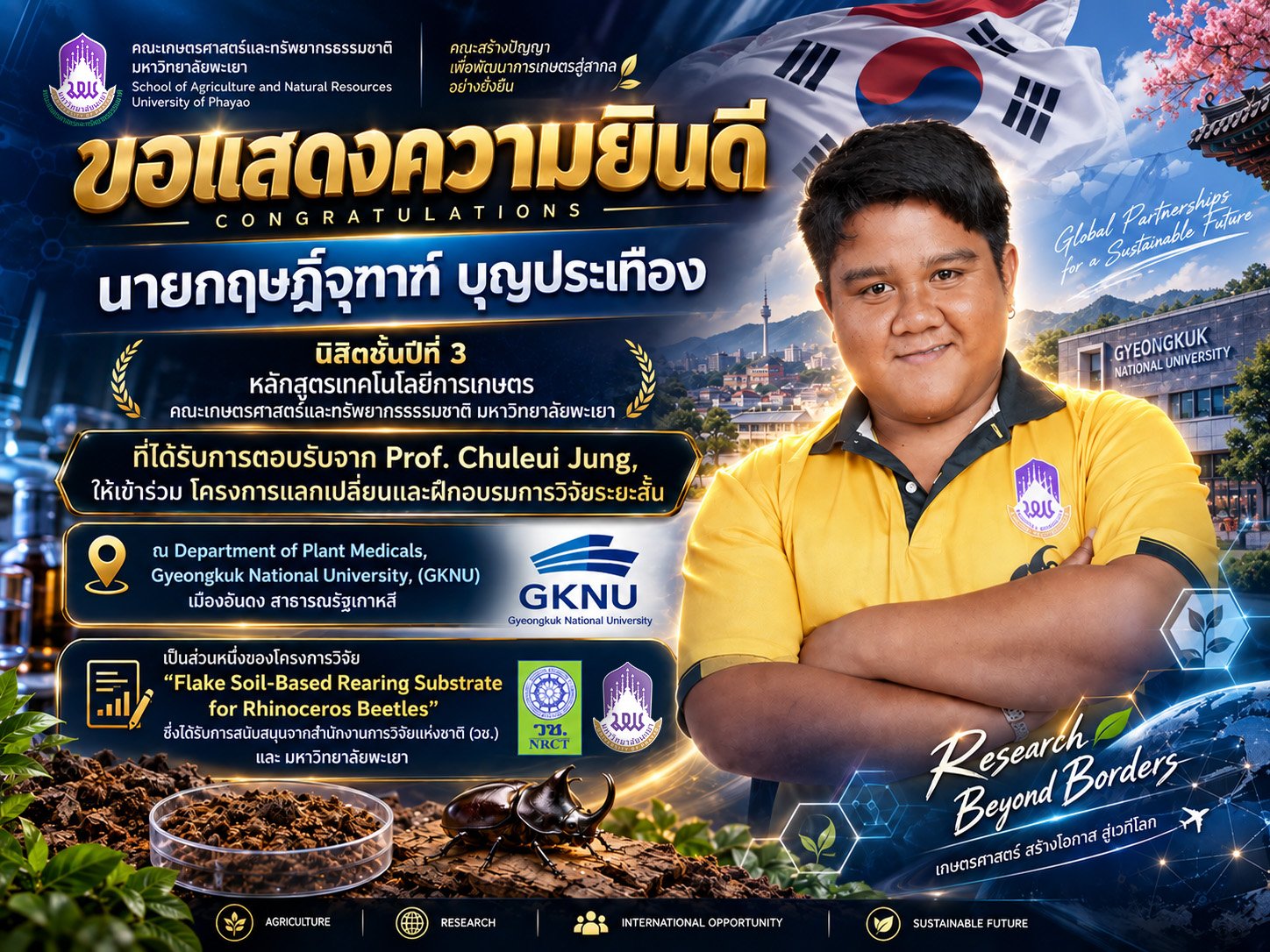 Congratulations to Mr. Kritjutha Bunprathueang, on being accepted by Prof. Chuleui Jung to participate in a short-term research exchange and training program at the Department of Plant Medicals, Gyeongkuk National University (GKNU)