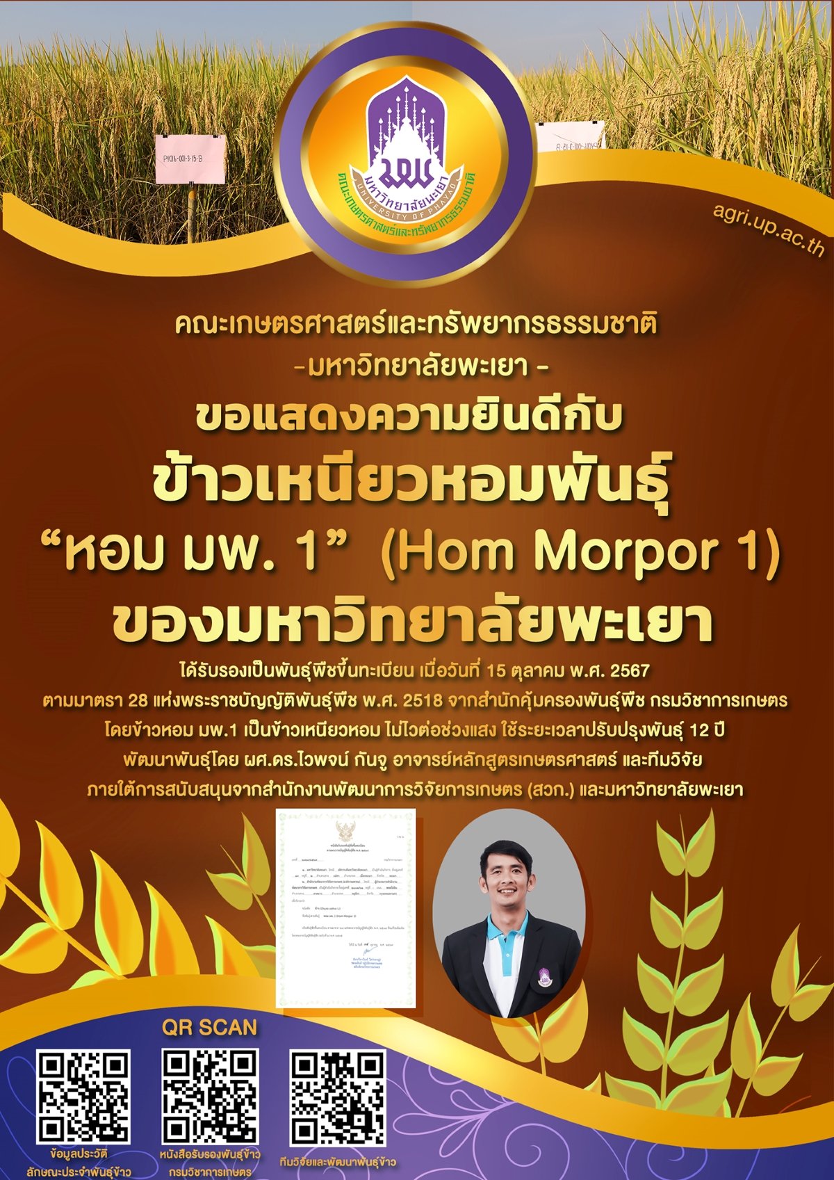 School of Agriculture and Natural Resources at the University of Phayao proudly congratulates the success of "Hom Morpor 1," a fragrant glutinous rice variety developed by the university, which has officially been registered as a certified plant School of Agriculture and Natural Resources at the University of Phayao proudly congratulates the success of "Hom Morpor 1," a fragrant glutinous rice variety developed by the university, which has officially been registered as a certified plant