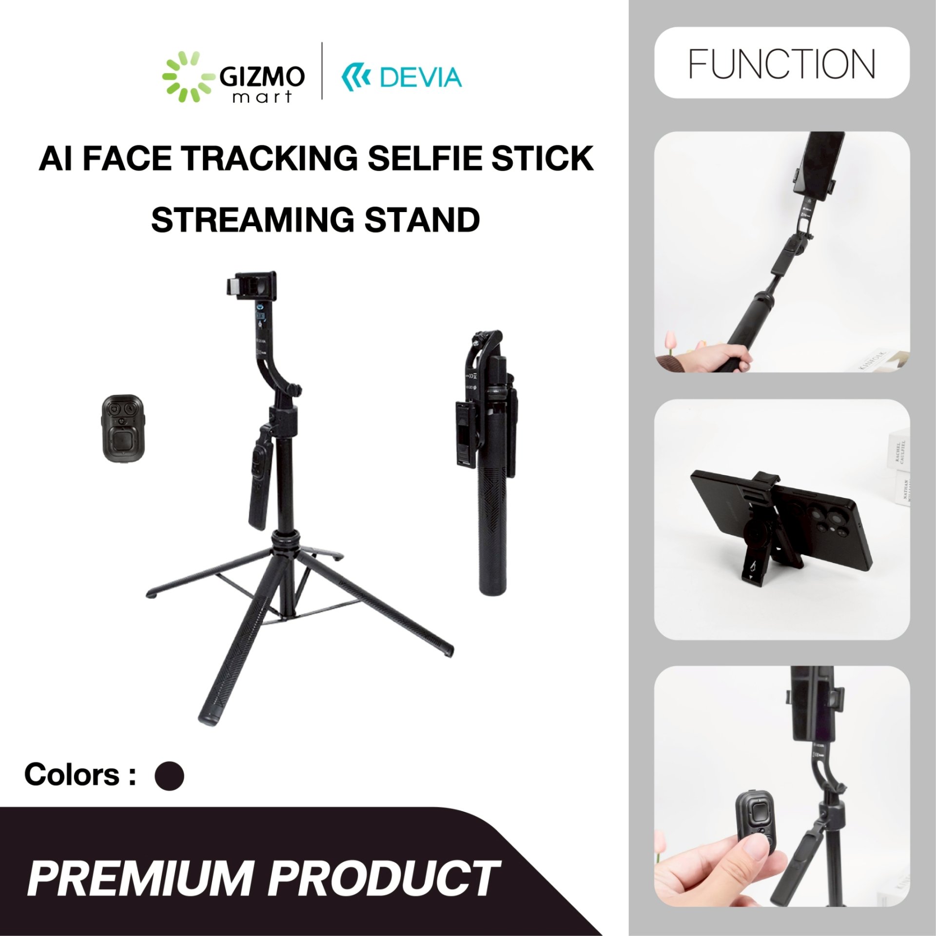 Devia ไม้เซลฟี่อัจฉริยะระบบติดตาม AI Face Tracking Selfie-Stick+Streaming Stand Black