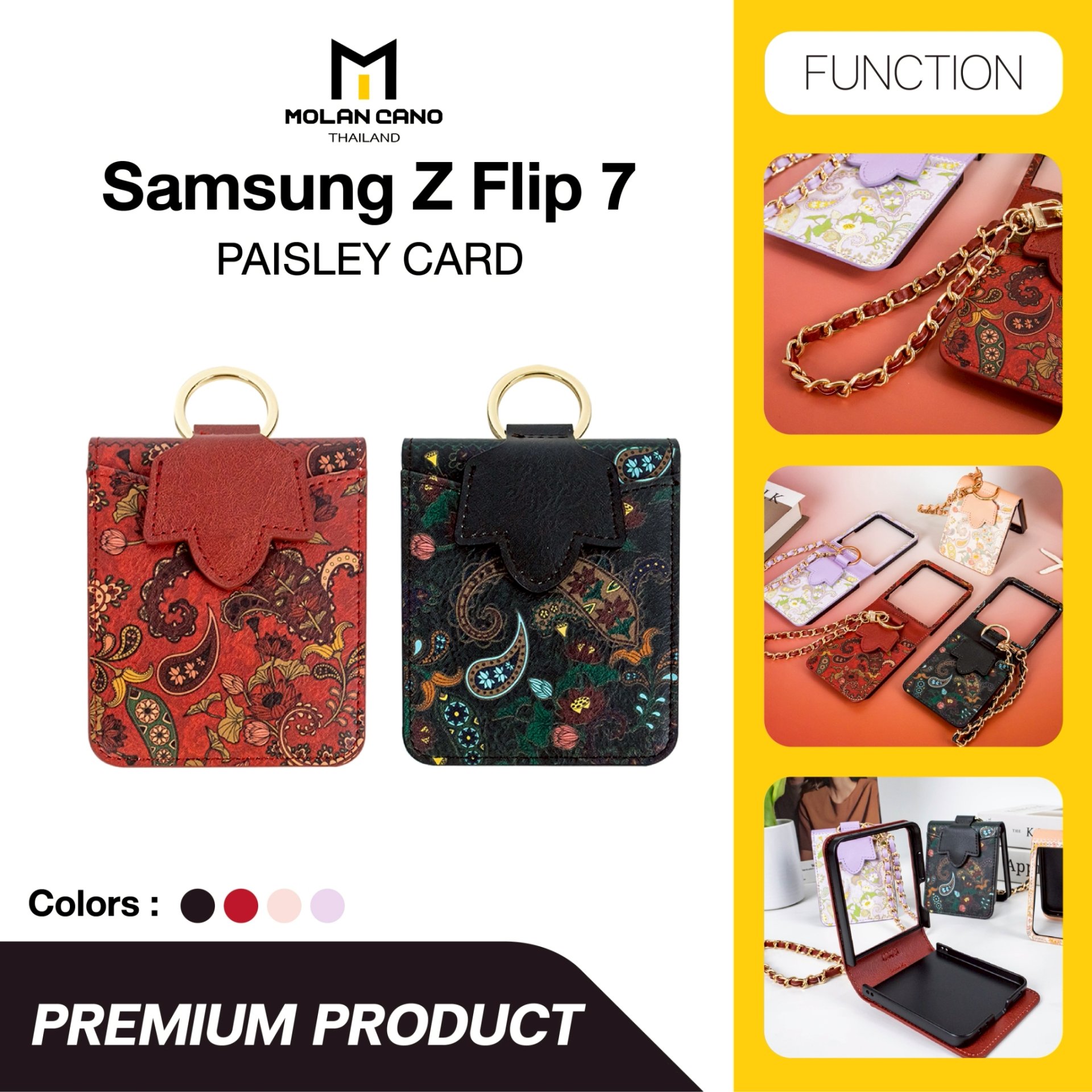 Molan Cano Paisley Card Case Flip 7 เคสหนังลายดอกไม้พร้อมสายคล้องมือ และช่องใส่บัตร