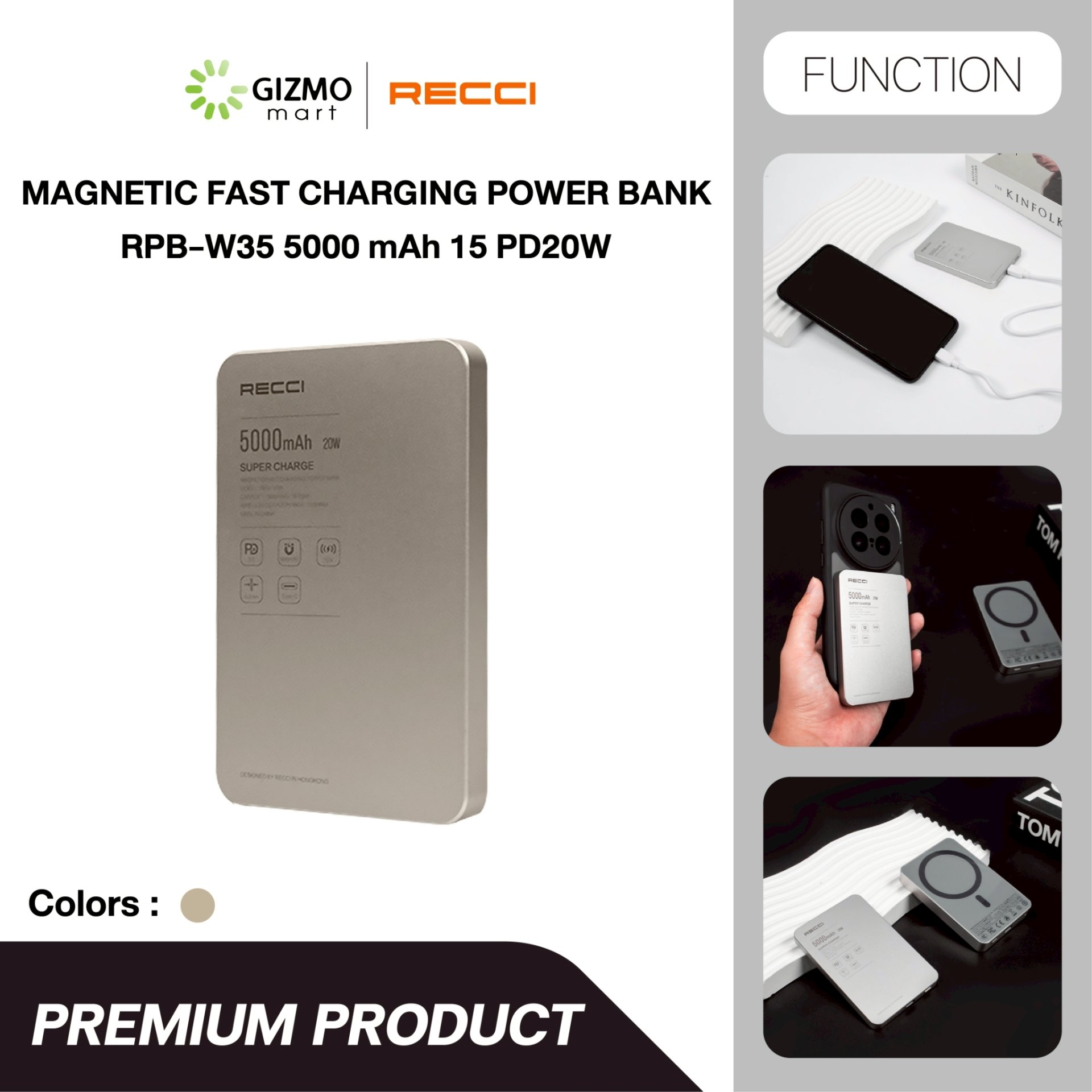 Recci Magnetic Powerbank พาวเวอร์แบงค์ 5000mAh รุ่น RPB-W35 สี Titanium Gold