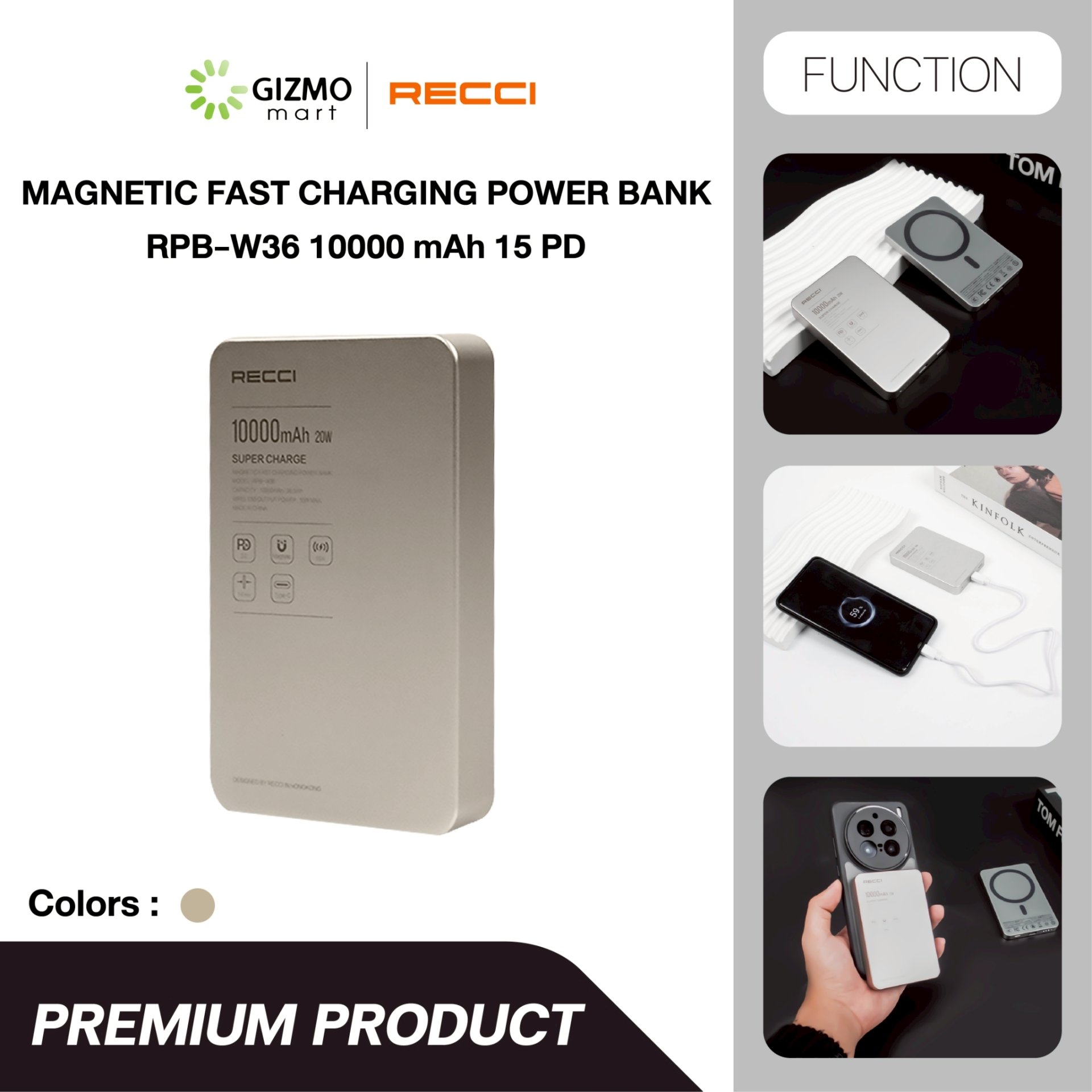 Recci Magnetic Powerbank พาวเวอร์แบงค์ 10000mAh รุ่น RPB-W36  สี Titanium Gold