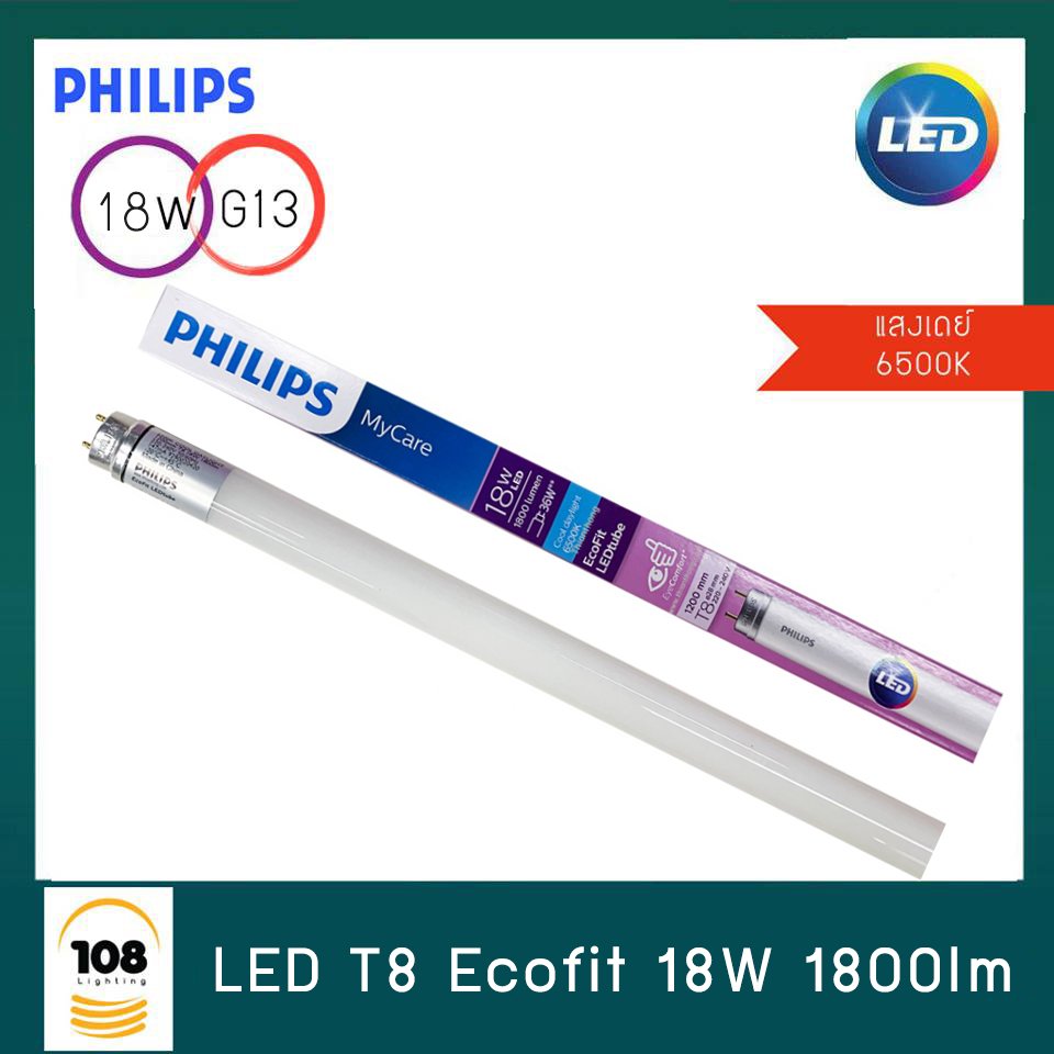 หลอด T8 LED  philips Ecofit  18W 1800lm Cool Daylight