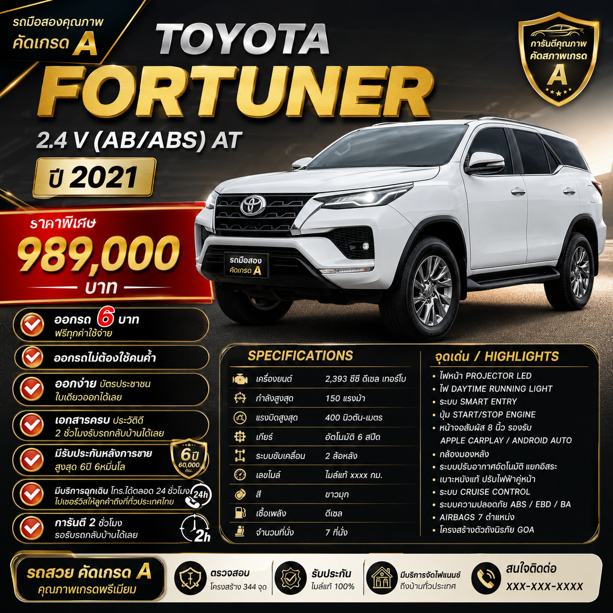 TOYOTA FORTUNER 2.4 V (AB/ABS) AT ปี2021 ราคา989,000บาท