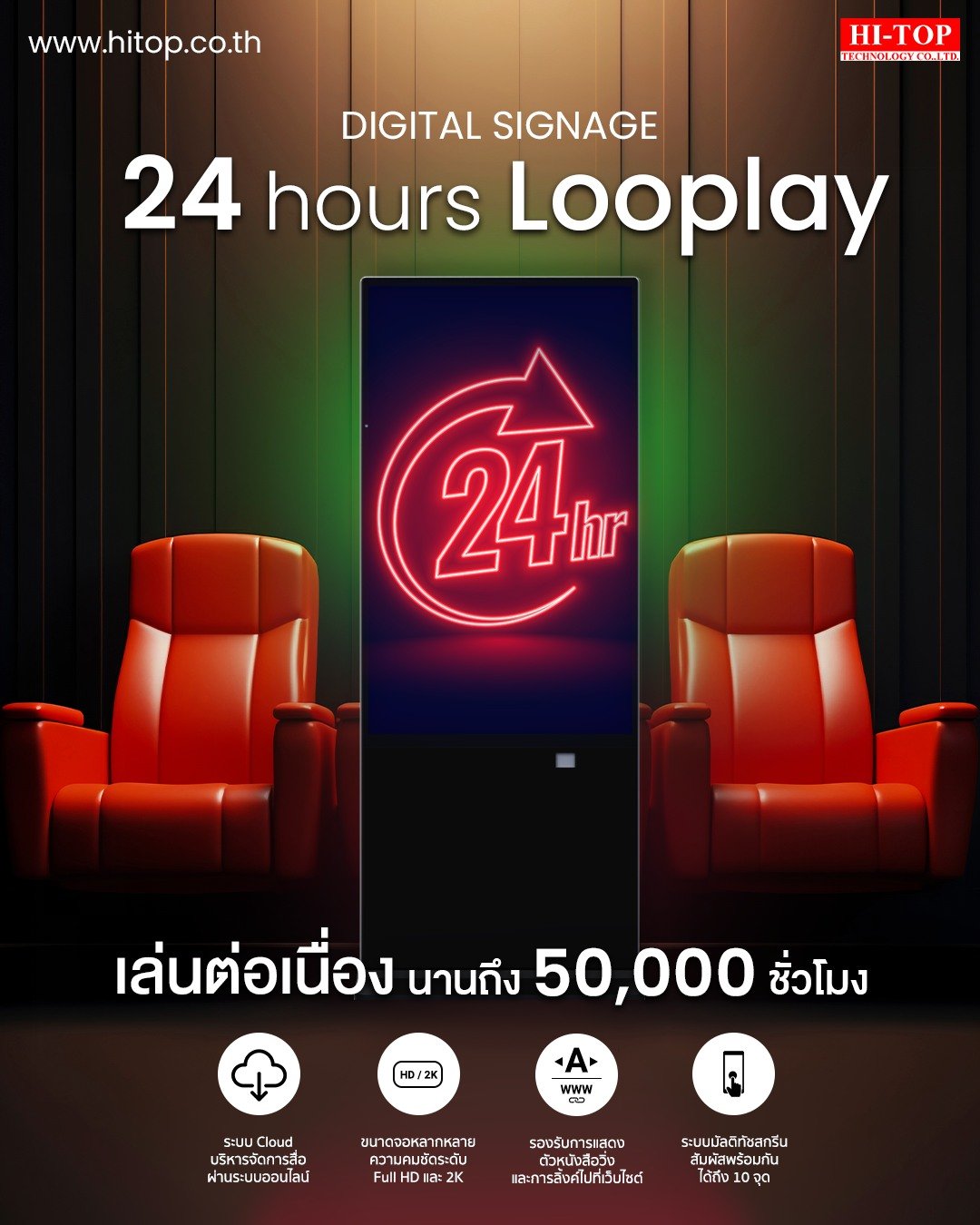 Hi-Top Digital Signage เล่นต่อเนื่องไม่มีสะดุด นานถึง 50,000 ชั่วโมง Hi-Top Digital Signage เล่นต่อเนื่องไม่มีสะดุด นานถึง 50,000 ชั่วโมง