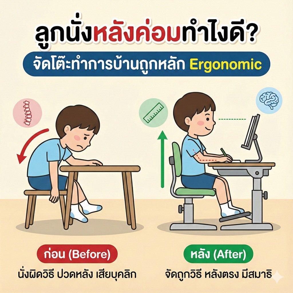 ลูกนั่งหลังค่อม ปวดคอ ปวดตาทำไงดี? จัดโต๊ะทำการบ้านให้ถูกหลัก Ergonomic ช่วยได้