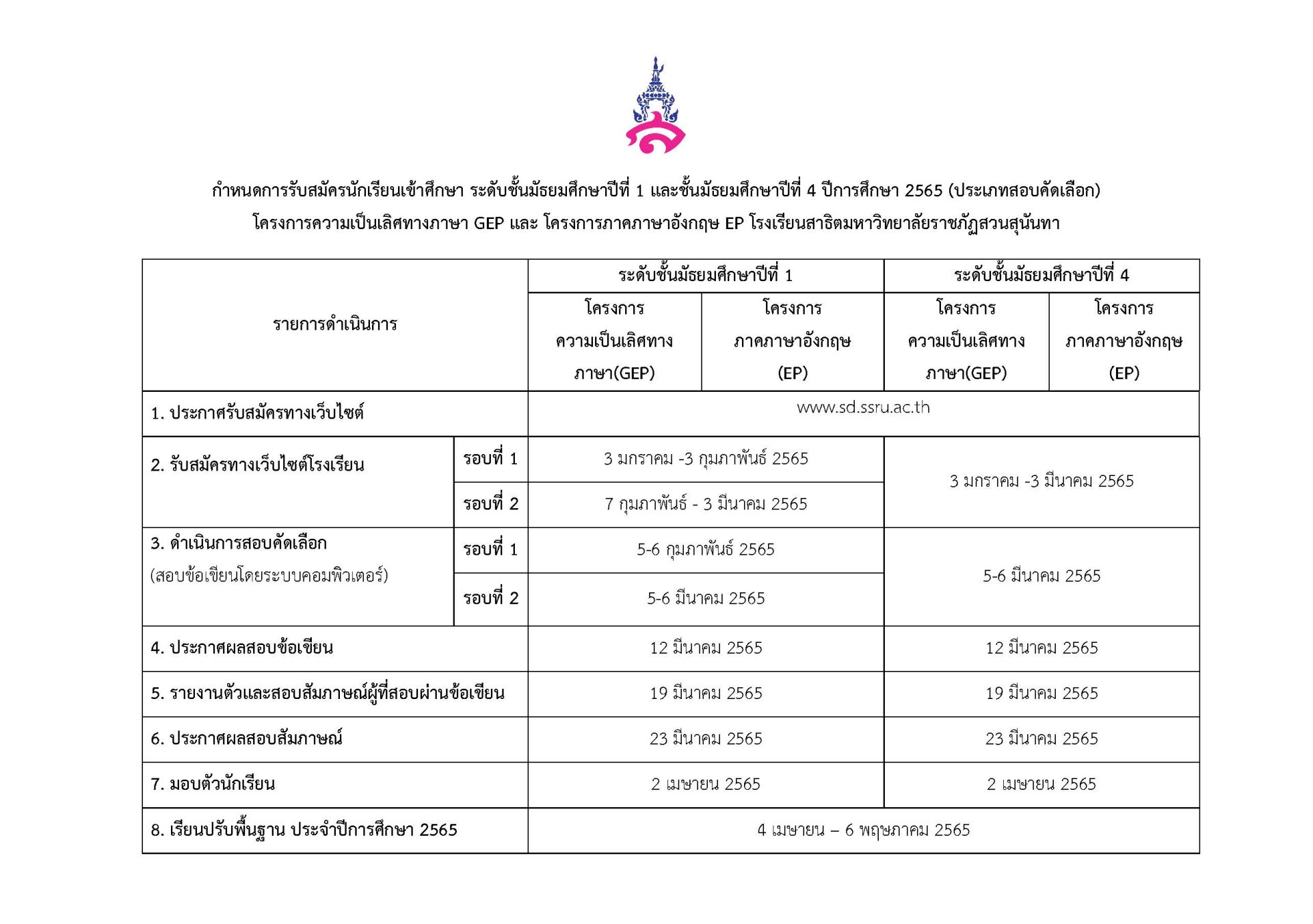 กำหนดการรับนักเรียนเข้าศึกษา ระดับชั้น ม.1 และ ม.4 ประเภทสอบคัดเลือก ประจำปีการศึกษา 2565 โรงเรียนสาธิตมหาวิทยาลัยราชภัฏสวนสุนันทา