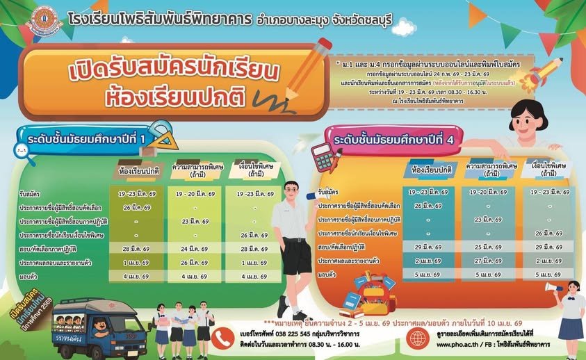 ปฏิทินการรับนักเรียนชั้น ม.1 และม.4 ปีการศึกษา 2569 รอบห้องปกติ - โรงเรียนโพธิสัมพันธ์พิทยาคาร