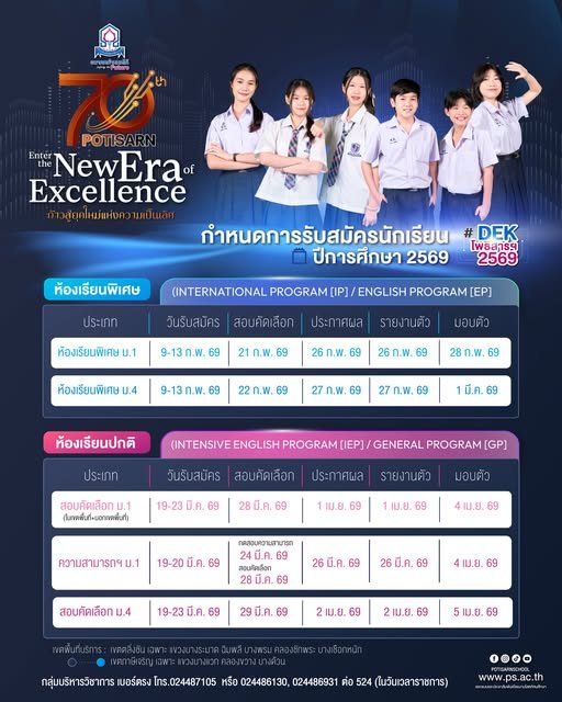 ปฏิทินรับสมัครนักเรียน ม.1 และ ม.4 ปีการศึกษา 2569 - โรงเรียนโพธิสารพิทยากร