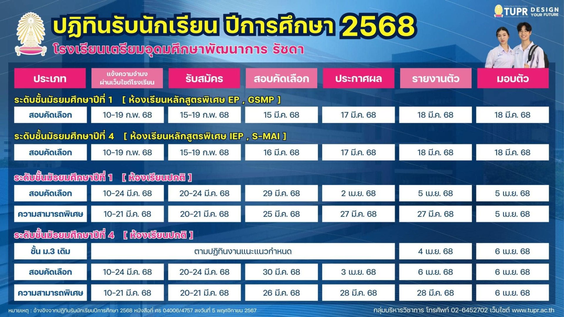 ปฏิทินการรับนักเรียน ปีการศึกษา 2568 - โรงเรียนเตรียมอุดมศึกษาพัฒนาการรัชดา