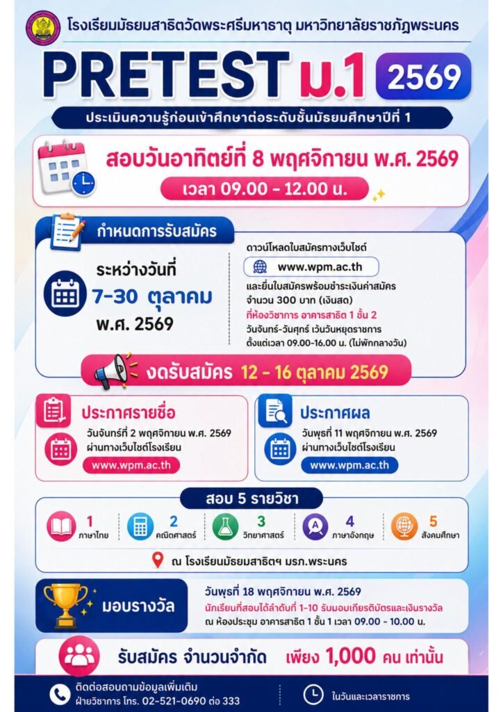 Pretest M.1 - พรีเทสสอบเข้า ม.1 โรงเรียนมัธยมสาธิตวัดพระศรีมหาธาตุ มหาวิทยาลัยราชภัฏพระนคร ปีการศึกษา 2570