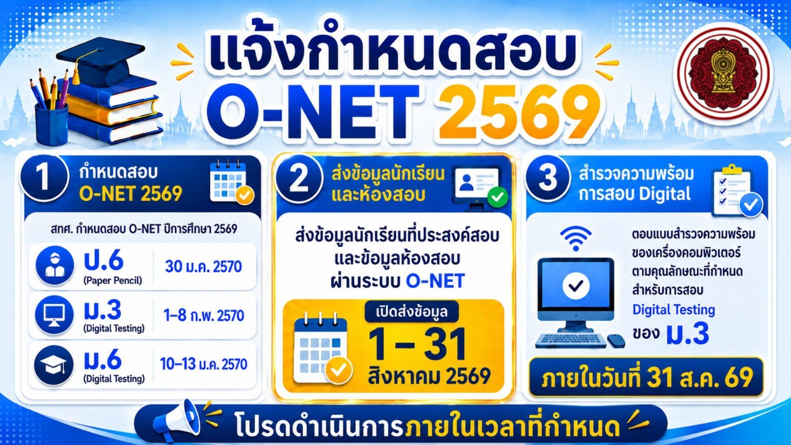 กำหนดการสอบโอเน็ต 2570 (O-NET) ป.6 ม.3 และม.6