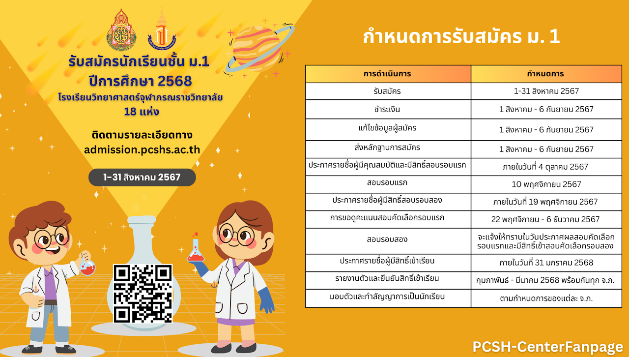 ประกาศรับสมัครนักเรียนชั้น ม.1 กลุ่มโรงเรียนวิทยาศาสตร์จุฬาภรณราชวิทยาลัย ปีการศึกษา 2568