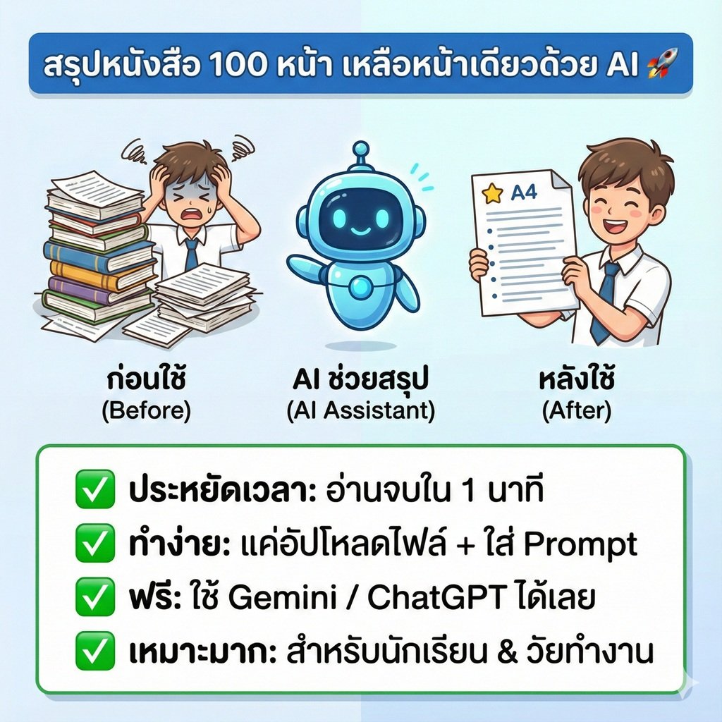 วิธีใช้ AI สรุปบทเรียน & เอกสารเป็น 100 หน้า ให้เหลือหน้าเดียว (แจก Prompts ระดับเทพ 2025)