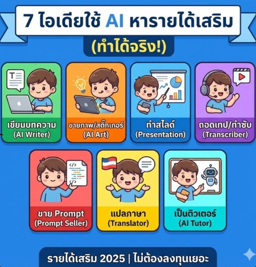 7 ไอเดียใช้ AI หารายได้เสริม หลังเรียน/หลังเลิกงาน (ทำได้จริง ไม่ต้องลาออก)