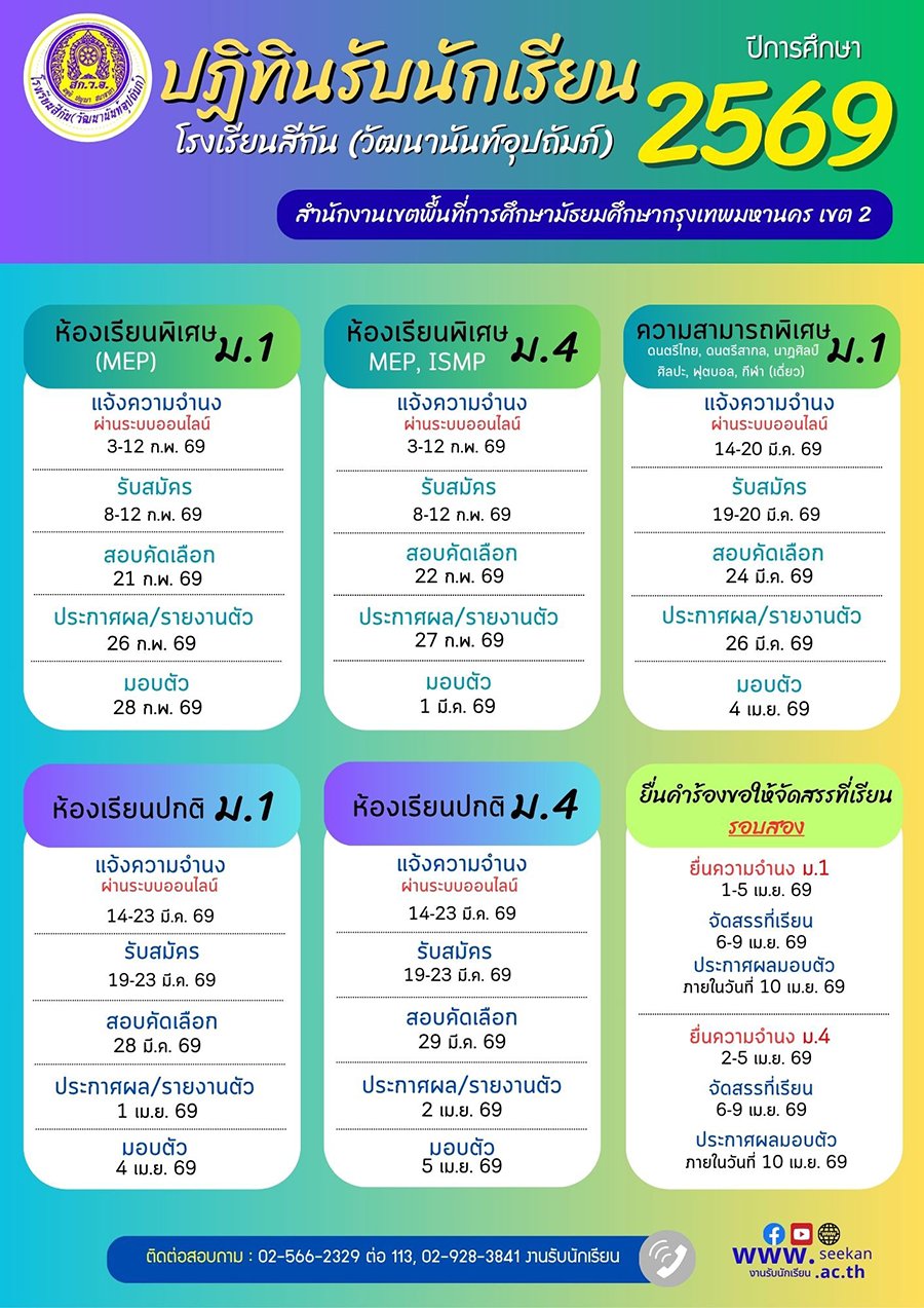 กำหนดการรับนักเรียนชั้น ม.1 และม.4 ปีการศึกษา 2569 - ร.ร.สีกัน (วัฒนานันท์อุปถัมภ์)