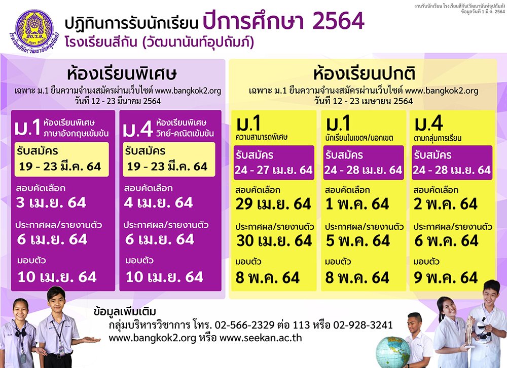 กำหนดการรับนักเรียนชั้น ม.1 และม.4 ปีการศึกษา 2564 ร.ร.สีกัน (วัฒนานันท์อุปถัมภ์)
