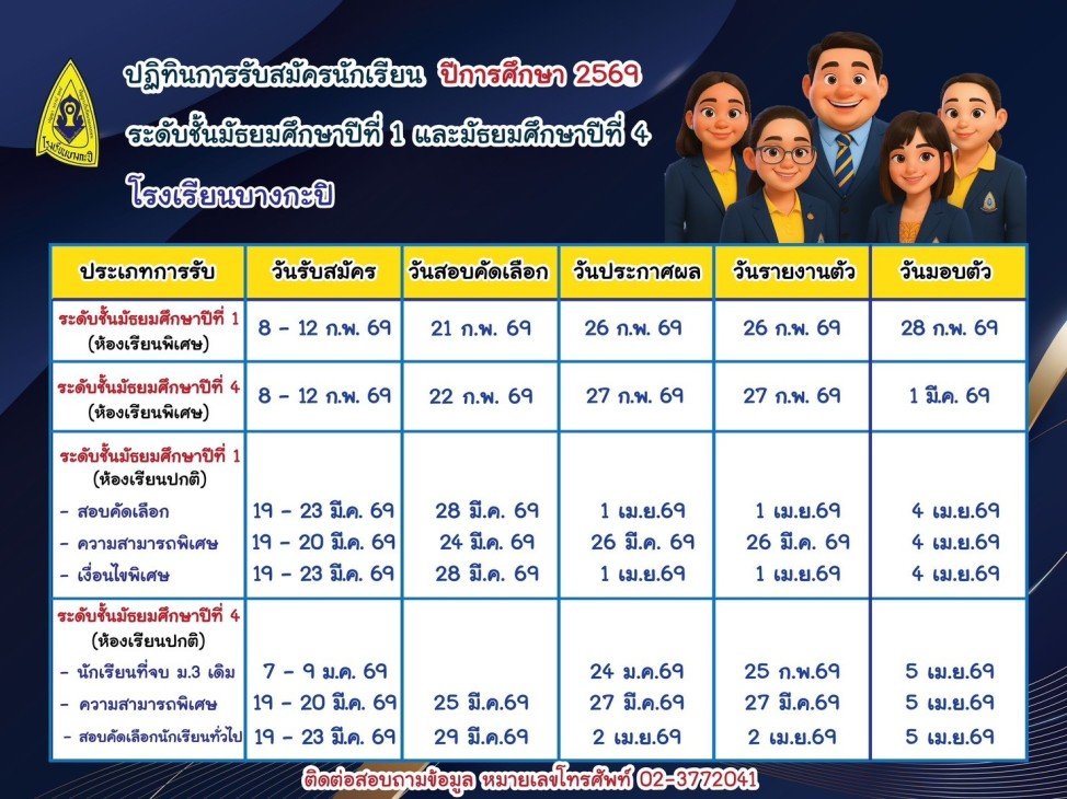 กำหนดการรับสมัครสอบเข้า ม.1 และ ม.4 ปีการศึกษา 2569 - โรงเรียนบางกะปิ
