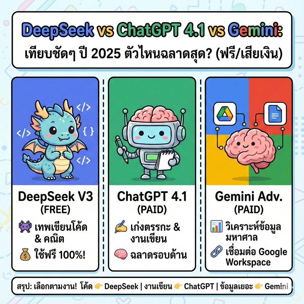 DeepSeek vs ChatGPT 4.1 vs Gemini: เทียบชัดๆ ปี 2025 ตัวไหนฉลาดสุด? (ฟรี/เสียเงิน)